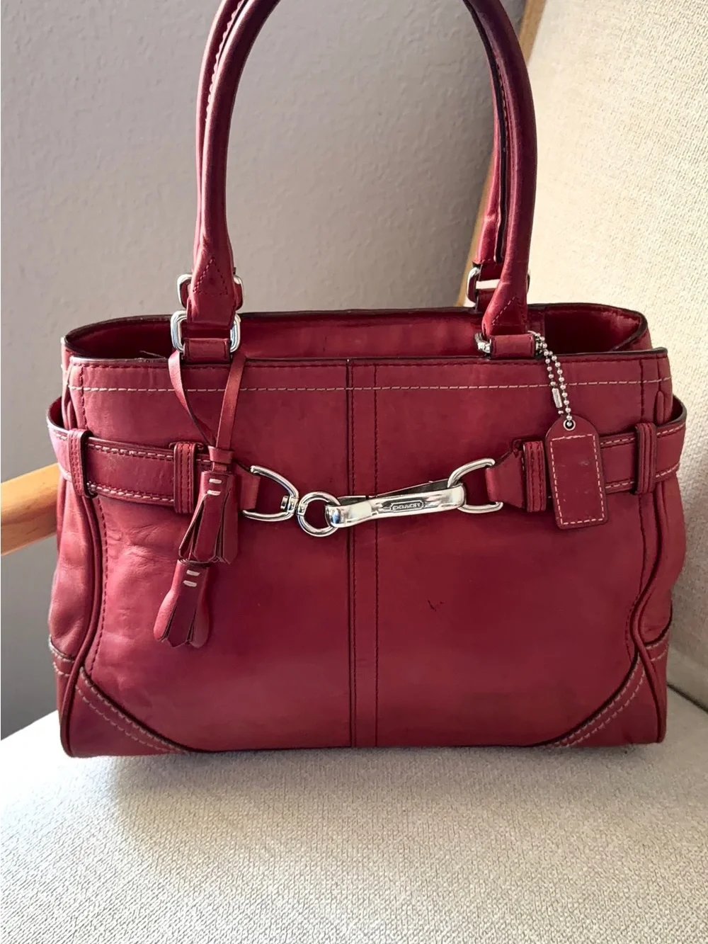 Coach Burgundy Leather Satchel with Silver Hardware